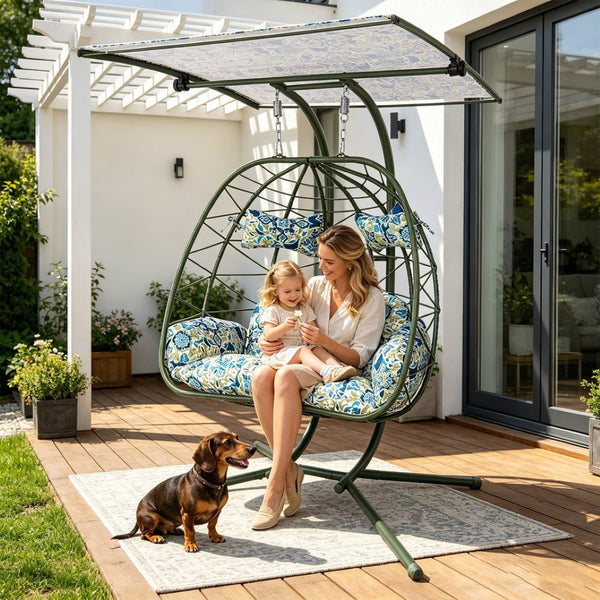English Elm 2-person Wicker Egg Swing Chair with Canopy Stand Outdoor Patio Boho Hammock Seat T5880P502251