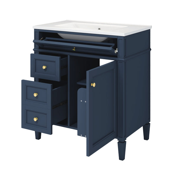 English Elm 30'' Modern Bathroom Vanity with Integrated Mirror Cabinet, Ceramic Sink, 3 Drawers & Ample Storage Blue SW000126AAC-1