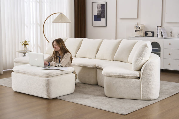 English Elm 133'' Modular U-shaped Sectional Chenille Sofa with Removable Recliner for Spacious Rooms Milk White W2231S00050