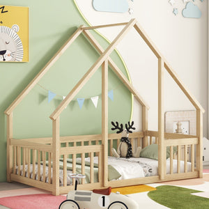 English Elm Twin Wood House-Shaped Floor Bed with Fence and Guardrails – Playful Pine Frame for Imaginative Kids Retreat Natural W504P143291