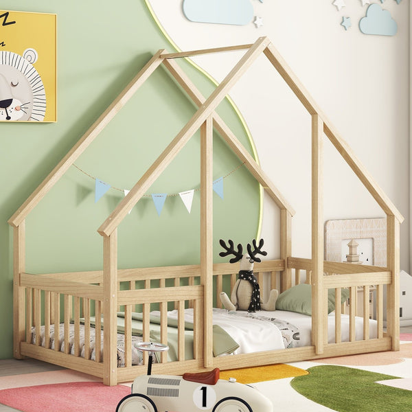 English Elm Twin Wood House-Shaped Floor Bed with Fence and Guardrails – Playful Pine Frame for Imaginative Kids Retreat Natural W504P143291