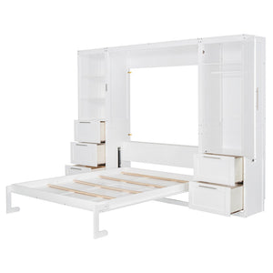 English Elm Queen Murphy Wall Bed with Wardrobe Drawers and Shelves for Studio or Guest Room White LP000865AAK-1