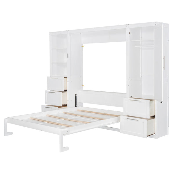 English Elm Queen Murphy Wall Bed with Wardrobe Drawers and Shelves for Studio or Guest Room White LP000865AAK-1