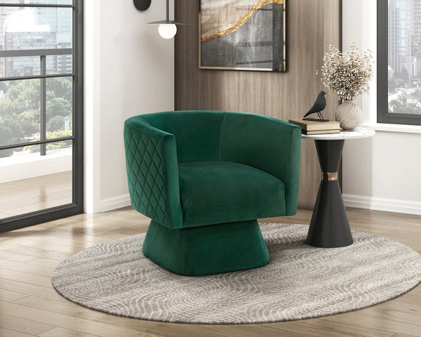 English Elm 1pc Swivel Chair with Velvet Upholstery and Solid Wood Base, Diamond-Stitched Back, Comfortable Lounge Seat Green 29.5 L x 28.5 W x 19 H B011P287558