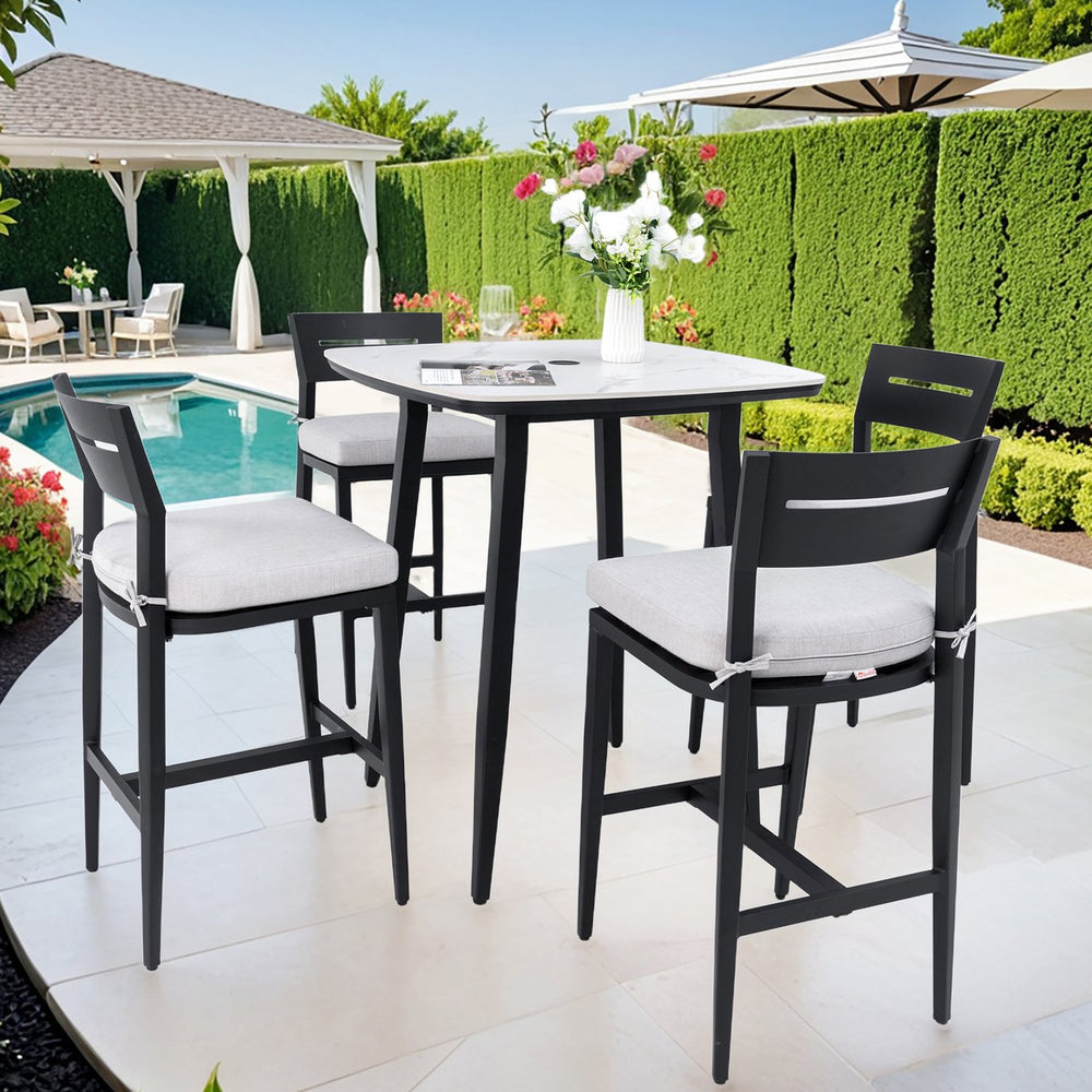 English Elm Modern 5Pc Outdoor Patio Bar Set – Stylish Sintered Stone Table & Comfortable Aluminum Stools! W1886S00022