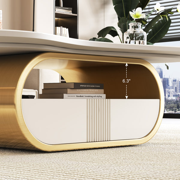 English Elm Modern Butterfly Coffee Table with Sintered Stone Top, Stainless Steel Base, Drawer & Shelf Storage Gold+White W3136S00018