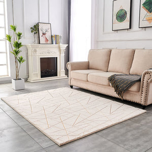 English Elm Luxury Machine Washable Faux Chinchilla Area Rug - Beige Geometric Design With Gold Accents B030P233692