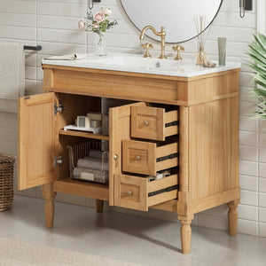 English Elm 36" Freestanding Bathroom Vanity Solid Wood Cabinet with Ceramic Sink and Soft Close Storage N729P300165N