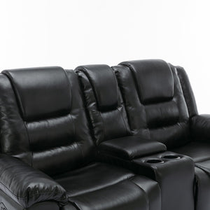 English Elm 2 Seater Home Theater Recliner with Cup Holders and Hidden Storage Box, PU Upholstery, Manual Recline Comfort Black WF323619AAB