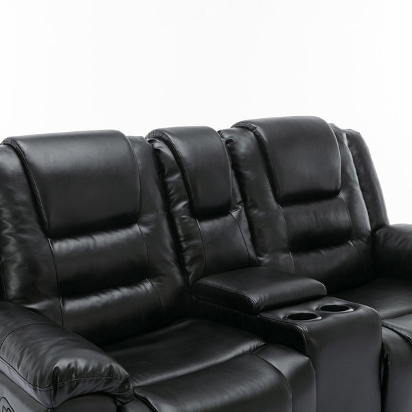 English Elm 2 Seater Home Theater Recliner with Cup Holders and Hidden Storage Box, PU Upholstery, Manual Recline Comfort Black WF323619AAB