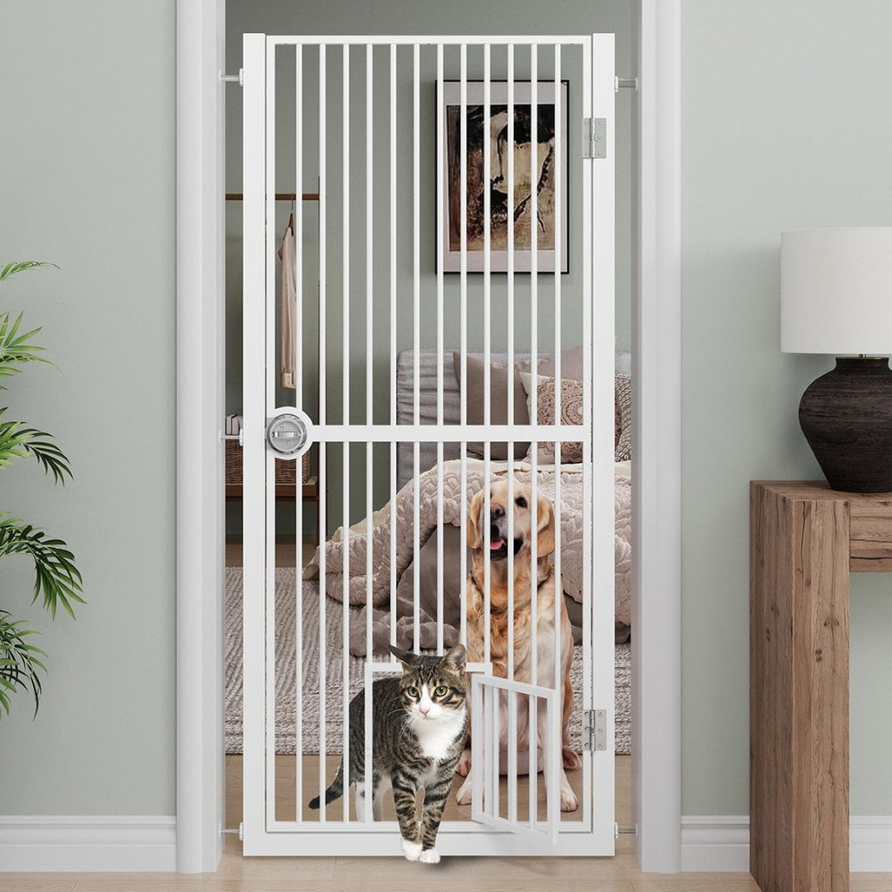 English Elm 61" Extra Tall Pressure Mount Pet Gate with Built-in Cat Door for Doorways T3210P491356