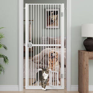 English Elm 61" Extra Tall Pressure Mount Pet Gate with Built-in Cat Door for Doorways T3210P491356