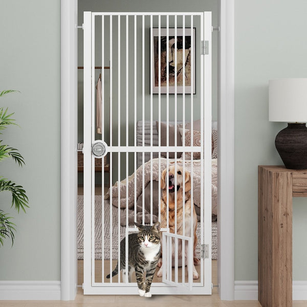 English Elm 61" Extra Tall Pressure Mount Pet Gate with Built-in Cat Door for Doorways T3210P491356