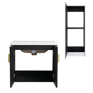 English Elm 24" Wall-Mounted Bathroom Vanity With Ceramic Sink & Side Cabinet - Stylish Storage Solution! W999S00326