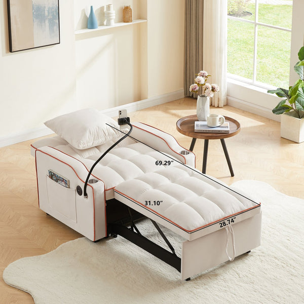 English Elm 3-in-1 Convertible Sofa Bed with USB & Type-C Ports, Cup Holders, Adjustable Backrest for Small Spaces Beige W2151142226