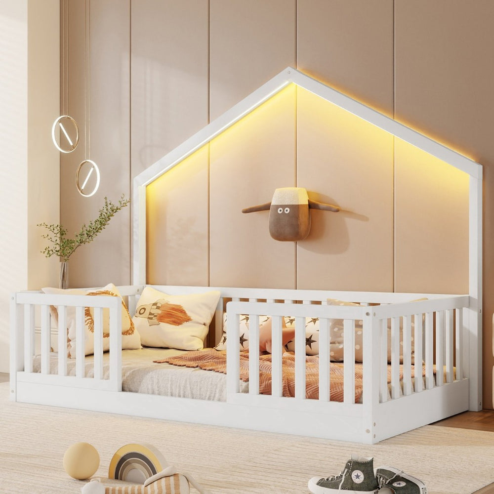 English Elm Twin Montessori Floor Bed House Frame with Led Lighting and Safety Rails for Kids White W2593P440594