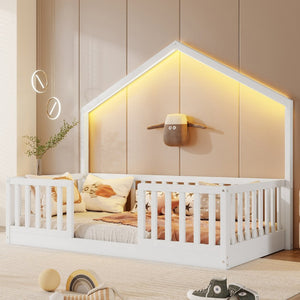 English Elm Twin Montessori Floor Bed House Frame with Led Lighting and Safety Rails for Kids White W2593P440594
