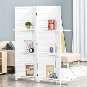 English Elm HOMCOM 4-Panel 67" Wood Privacy Screen Room Divider with 3 Removable Shelves, Folding White Decor W2225P200779