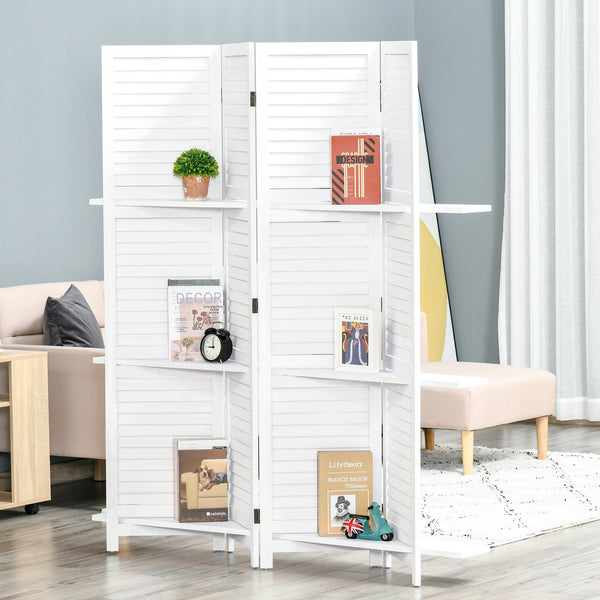 English Elm HOMCOM 4-Panel 67" Wood Privacy Screen Room Divider with 3 Removable Shelves, Folding White Decor W2225P200779