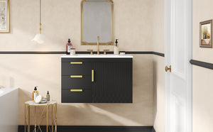 English Elm 30" Wall Mounted Bathroom Vanity with Ceramic Basin Sink, Floating Storage, Soft-Close Doors, Modern Elegance Black N710P324096B