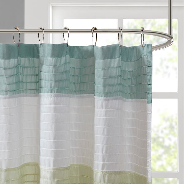 JLA Home Madison Park - Faux Silk Dupioni Shower Curtain with Pintuck Color‑Block Panels, Lightweight Hotel-Quality Elegance Green MP70-418