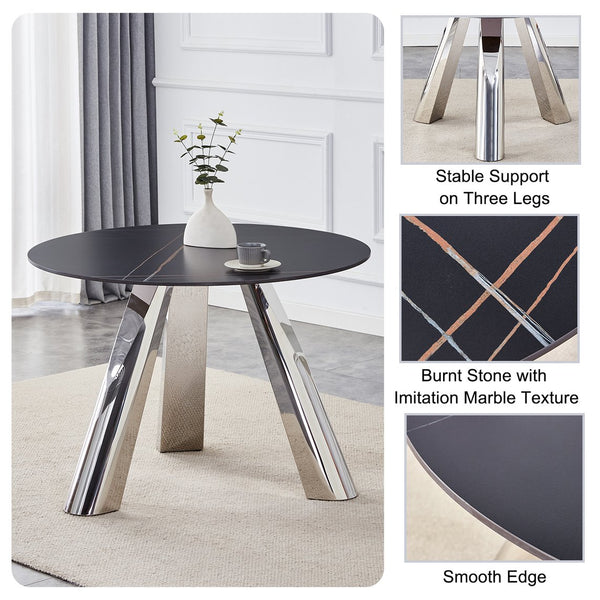 English Elm 42-inch Sintered Stone Round Dining Set with 4 Black PU Chairs, Mirror-Polished Steel Base, Modern Luxury W1512S00115