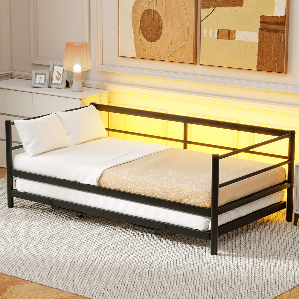 English Elm Twin Metal Daybed with LED Lighting and Adjustable Pop-Up Trundle, Industrial Steel Frame, Heavy-Duty Support Black N750P244915B