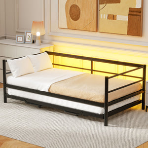 English Elm Twin Metal Daybed with LED Lighting and Adjustable Pop-Up Trundle, Industrial Steel Frame, Heavy-Duty Support Black N750P244915B