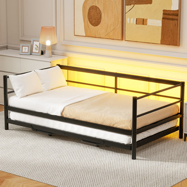 English Elm Twin Metal Daybed with LED Lighting and Adjustable Pop-Up Trundle, Industrial Steel Frame, Heavy-Duty Support Black N750P244915B