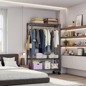 English Elm Heavy Duty Rolling Garment Rack Freestanding Closet Organizer with Adjustable Steel Shelving Black W5386P445625