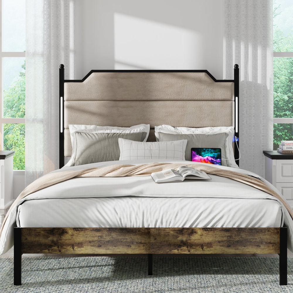 English Elm Queen Upholstered Bed Frame with USB-C Charging, LED Touch Headboard, Wood Slats, Industrial Brown W636P195093
