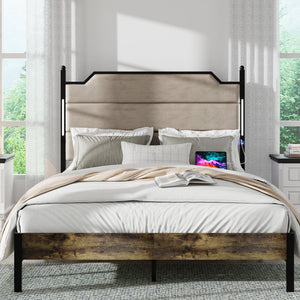 English Elm Queen Upholstered Bed Frame with USB-C Charging, LED Touch Headboard, Wood Slats, Industrial Brown W636P195093