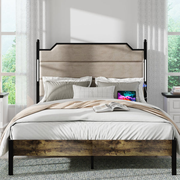 English Elm Queen Upholstered Bed Frame with USB-C Charging, LED Touch Headboard, Wood Slats, Industrial Brown W636P195093
