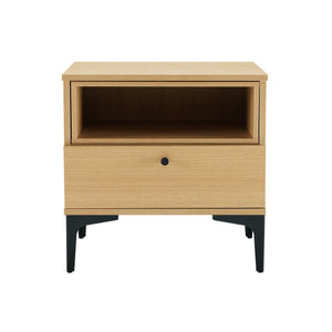 English Elm Amara Mid-Century Nightstand with Open Shelf and Full-Extension Drawer, Black Metal Legs, Compact Light Oak B365P398182