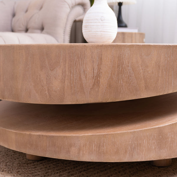 English Elm Modern Round Wood Coffee Table 31.3" Natural Finish Two-Tier Floating Accent Table for Living Room W2729P270755
