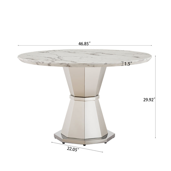 English Elm 47" Round Marble Dining Table | Modern High Gloss Faux Marble & Stainless Steel Base For Any Space W3456S00003