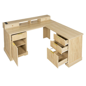 English Elm 59" Fluted Oak L-shaped Corner Desk with Charging Station Monitor Stand and File Storage Light Oak W2917S00005
