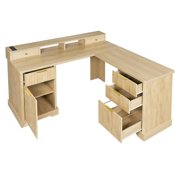 English Elm 59" Fluted Oak L-shaped Corner Desk with Charging Station Monitor Stand and File Storage Light Oak W2917S00005