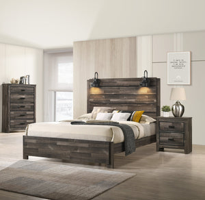 English Elm 1pc Rustic Style Butcher Block Finish Queen Size Bed with Weathered Finish, Detailed Trim, Sturdy Frame Brown 92.07 L x 38.91 W x 11.2 H B011P230852