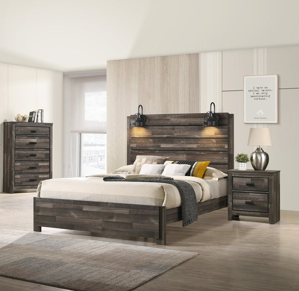 English Elm 1pc Rustic Style Butcher Block Finish Queen Size Bed with Weathered Finish, Detailed Trim, Sturdy Frame Brown 92.07 L x 38.91 W x 11.2 H B011P230852