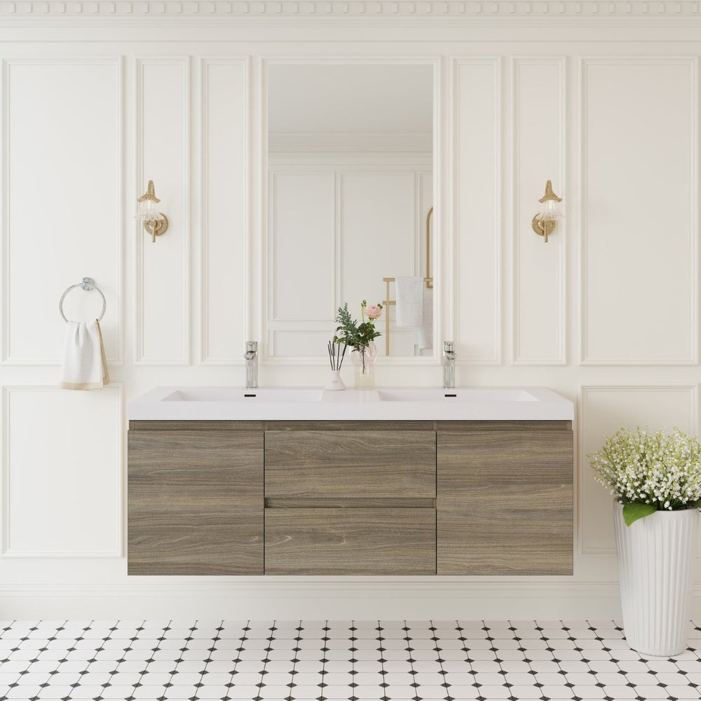 English Elm 60" Wall Mount Bathroom Vanity Ash Finish Solid Surface Basin Soft Close Storage Grey W1573P152707