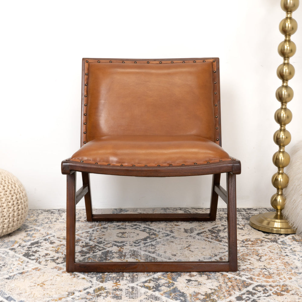 English Elm Ashcroft Furniture - Everett Tan Leather Lounge Chair with Goatskin Upholstery, Solid Teak Frame, Modern Comfort Finish B183P281187
