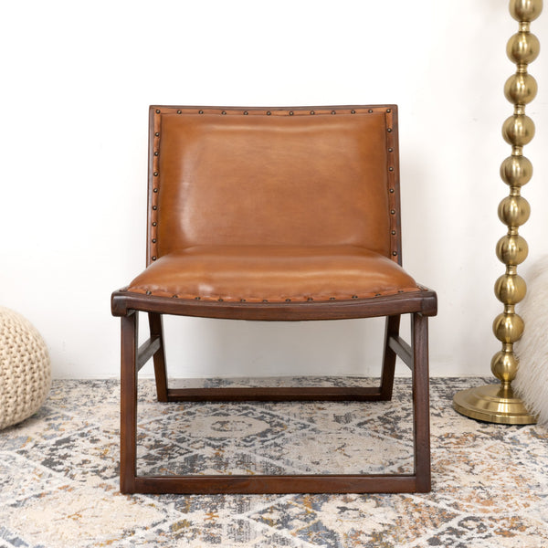 English Elm Ashcroft Furniture - Everett Tan Leather Lounge Chair with Goatskin Upholstery, Solid Teak Frame, Modern Comfort Finish B183P281187
