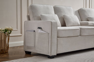 English Elm 114" Modern Upholstered Sofa with Console, Built-In USB & Cupholders, Durable Linen Fabric Comfort Beige W2353S00003