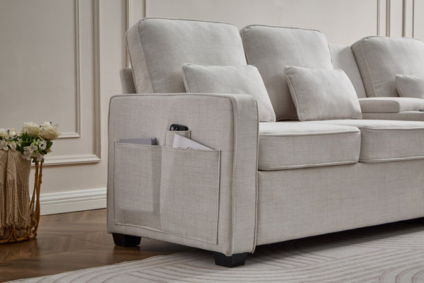 English Elm 114" Modern Upholstered Sofa with Console, Built-In USB & Cupholders, Durable Linen Fabric Comfort Beige W2353S00003