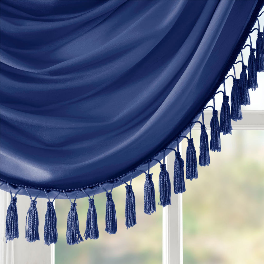 JLA Home Madison Park - Faux Lustrous Silk Waterfall Valance with Tassel Trim, OEKO-TEX Certified Draped Accent for Windows Navy MP41-7411