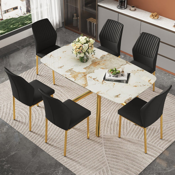English Elm Table and Chair Set Marble Glass Top Six Seats Gold Legs Modern Dining Room W1151S04543