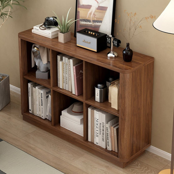 English Elm 6 Cube Farmhouse Bookcase Low Horizontal Wood Shelf Walnut Finish for Living Room W2641P460042