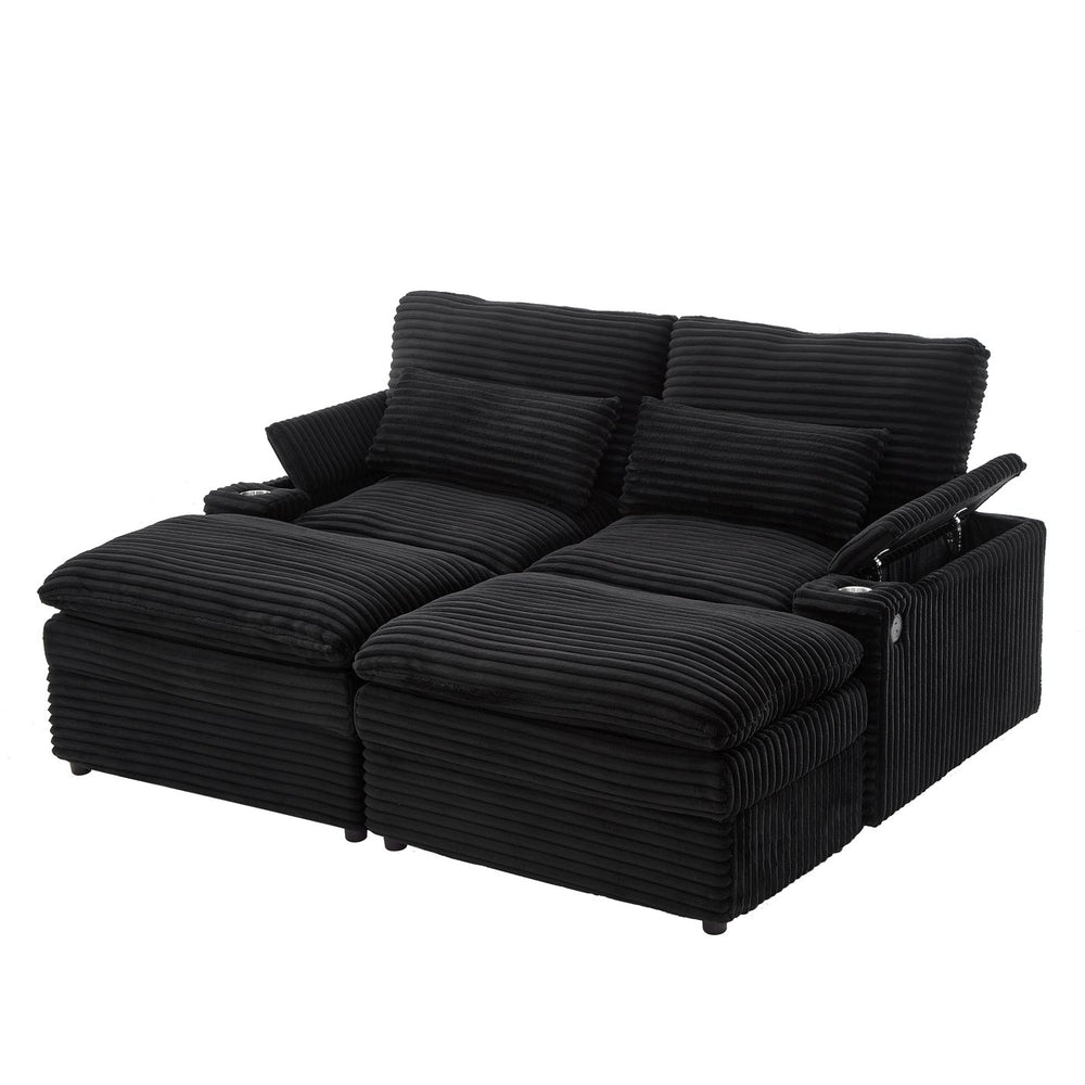 English Elm Loveseat Convertible Sectional Sofa Bed with Storage, Two Ottomans, Dual USB Ports & Cup Holders Black N719S002140B