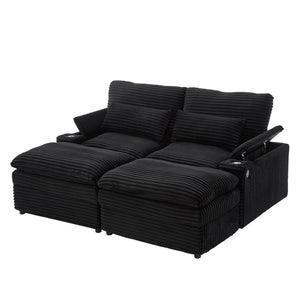 English Elm Loveseat Convertible Sectional Sofa Bed with Storage, Two Ottomans, Dual USB Ports & Cup Holders Black N719S002140B
